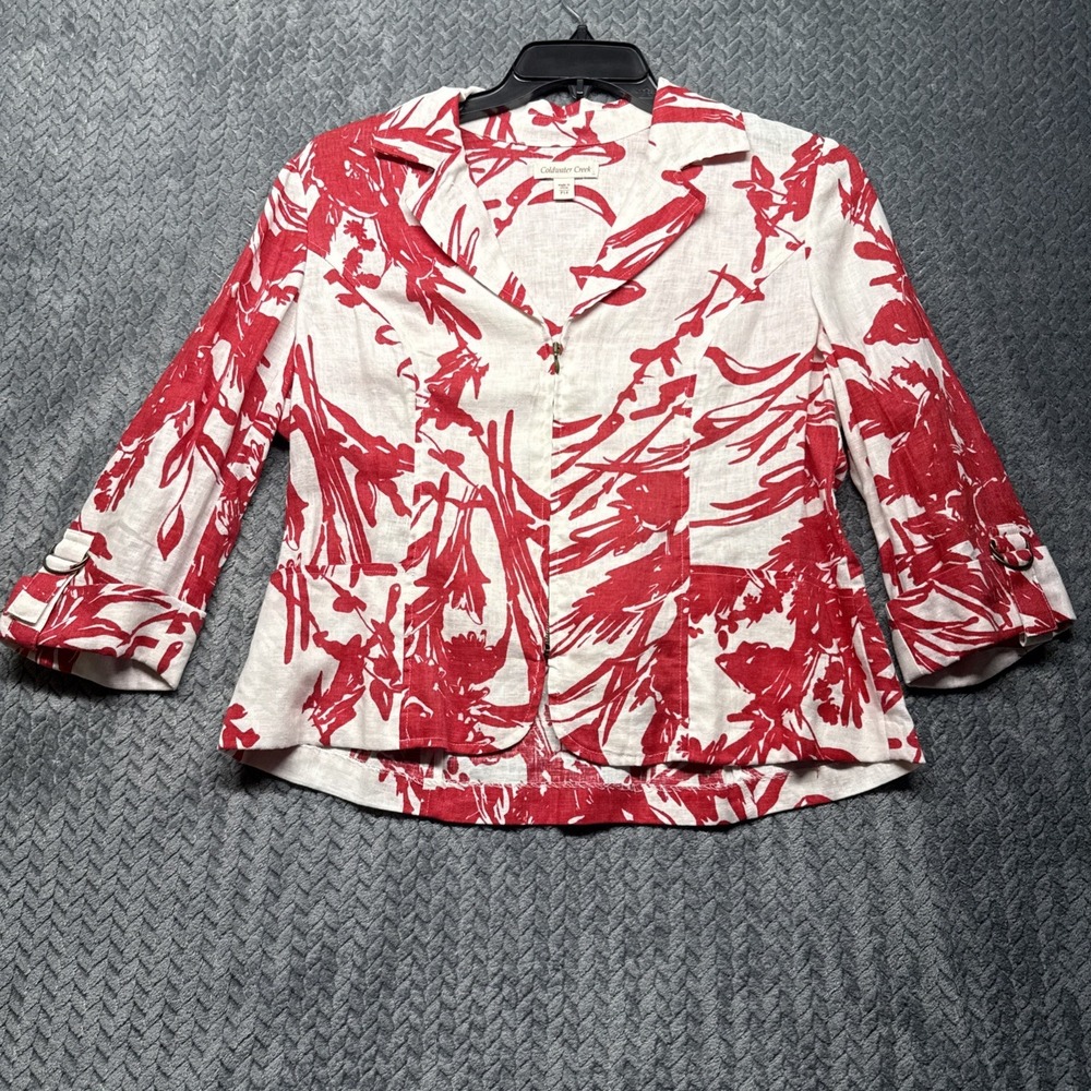 Coldwater Creek Linen Blazer‎ Jacket Size 14P Zip Red White Floral Pockets